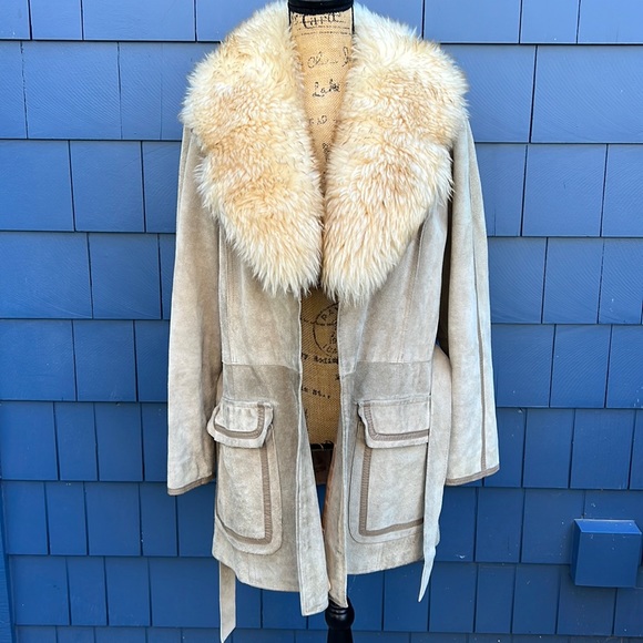 Vintage Jackets & Blazers - Vintage suede gray 16 shearling coat jacket belted 70s English lamb Penny Lane